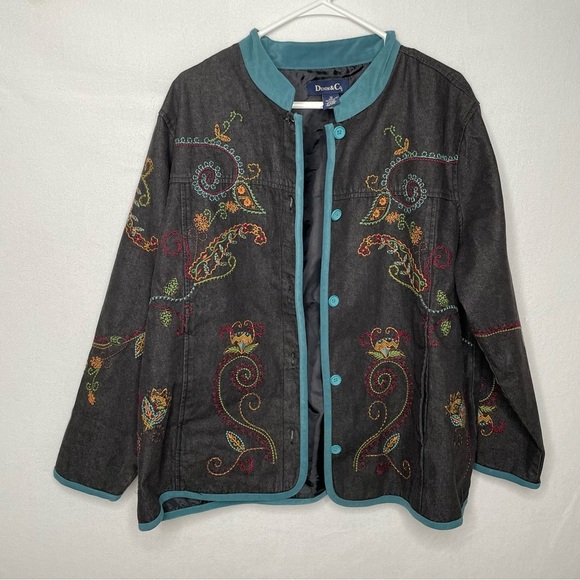 Denim&Co Jackets & Blazers - Denim & Co Chambray Embroidered Shirt Jacket Black Jean Shacket Women Size 1X